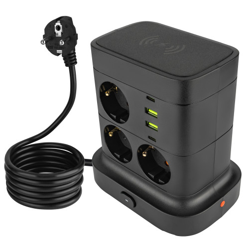 Сетевой удлинитель VINISEM 2м, 7 розеток, 2 порта USB A, 2 порта Type-C, беспроводная зарядка, 10А, black