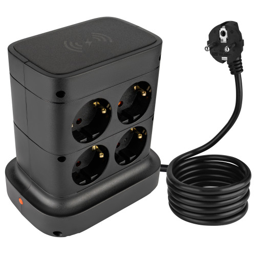 Сетевой удлинитель VINISEM 2м, 7 розеток, 2 порта USB A, 2 порта Type-C, беспроводная зарядка, 10А, black