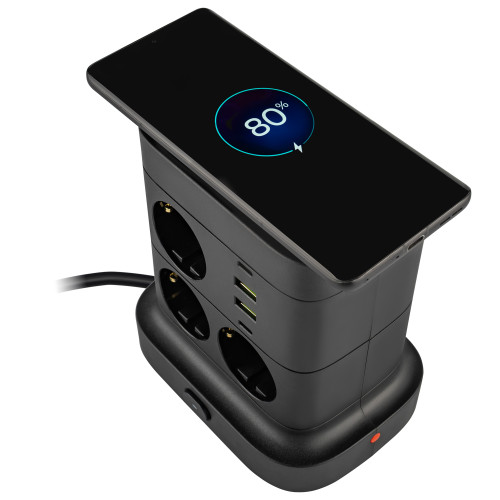 Сетевой удлинитель VINISEM 2м, 7 розеток, 2 порта USB A, 2 порта Type-C, беспроводная зарядка, 10А, black