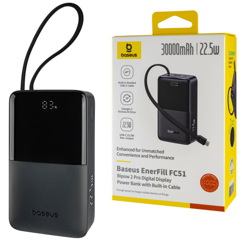 Универсальная мобильная батарея Baseus EnerFill FC51 Bipow 2 Pro, Digital Display, with Built-in Cable, 30000mAh, 22.5W, Cosmic Black (E0028100)