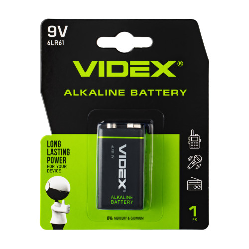 Батарейка щелочная Videx 6LR61/9V (Крона) 1шт BLISTER 6LR61/9V/B