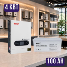 Комплект автономного енергоживлення: MUST PV18-4024ECO 4 кВт, 24V + MUST LP15-24100 25.6V 100Ah LiFePO4

