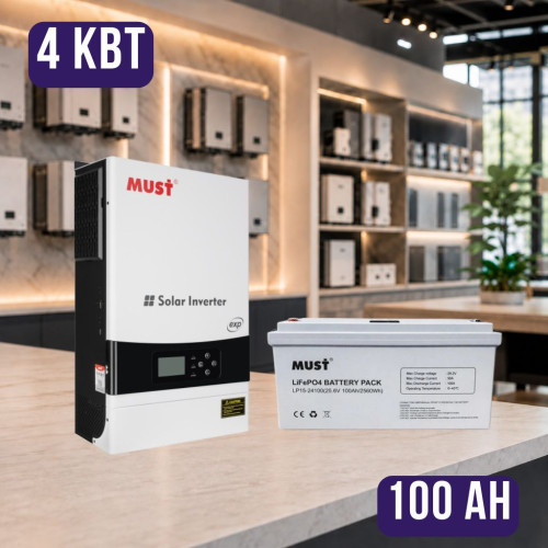 Комплект автономного енергоживлення: MUST PV19-4024 EXP 4 кВт, 24V + MUST LP15-24100 25.6V 100Ah LiFePO4

