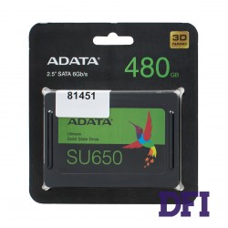 Жесткий диск 2.5 SSD  480GB ADATA ULTIMATE SU650 Series, ASU650SS-480GT-R, 3D NAND, SATA-III 6Gb/s, зап/чт. - 450/520мб/с