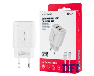 Зарядное устройство BOROFONE BA37A, 2USB, White (with Type-C cable)