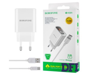 Зарядное устройство BOROFONE BA58A 2USB, (digital display) White (with Type-C cable)
