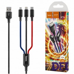 Кабель HOCO X76 USB to MicroUSB, Lightning, Type-C, nylon, aluminum connectors, Black+Red+Blue (2A 1м)