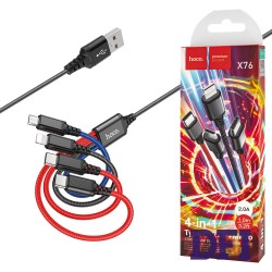 Кабель HOCO X76 USB to MicroUSB, Lightning, Type-C*(2), nylon, aluminum connectors, Black+Red+Blue (2A 1м)