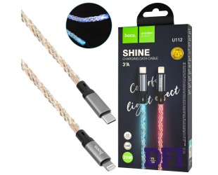 Кабель HOCO U112 Shine Type-C to Lightning, LED, 1м, 3А, 20W, Grey